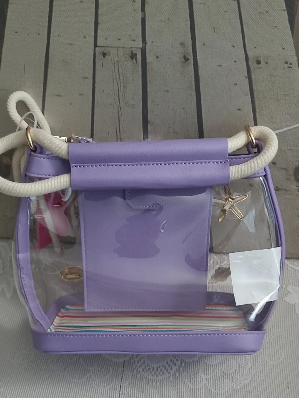 Women’s Clear Purple Beach Phone Case Crossbody with Gold Shell Accents
